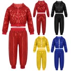 Kids Girls Boys Sequin Jazz Modern Costume Hooded Jacket Top With Pants Set