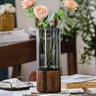 Modern Glass Vase With Wooden Base  Cylinder Hydroponic Plant Flower Pot