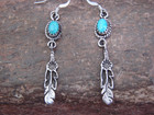 Native American Sterling Silver   Turquoise Feather Dangle Earrings By Spencer