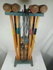 Vintage 4-player Wooden Croquet Set On Rolling Wire Metal Cart Stand  -complete-