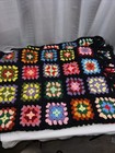 Vtg Crochet Granny Square Black W flowers Colored Afghan Throw Blanket 58  X 40 