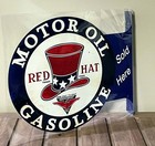 Red Hat Gasoline Sold Here Two-sided 12  X 14 5  Novelty Vintage Flange Sign