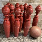 Antique Vintage Lot Of  10 Wood Skittle Bowling Pins 8 5    With Ball