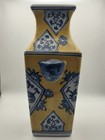 Vintage Chinese Porcelain Square Vase Yellow Ground Blue   White Floral 8  Mark