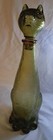 Vintage Glass Amber Cat Decanter Wine Bottle 13 Inch Green Yellow Stopper Cork