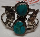 Vintage Navajo Sterling Silver Turquoise Leaf Cuff Bracelet 17 9g Old Pawn Style