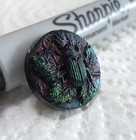 Antique Black Glass Carnival Luster Picture Button 3 4  Bug On Leaf