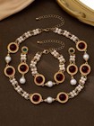 Vintage Gold Faux Pearl Ruby Jewelry Set Necklace Bracelet Earrings Luxury Women