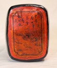 Antique Chinese Lacquer Pillow Headrest Box Red Black Hand Painted Figural Scene