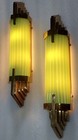 Pair Antique Vintage Art Deco Brass Green Glass Rod Ship Light Wall Sconces Lamp