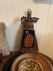 Primitive  handmade wool Rug Hooking homespun Pumpkin On Antique Whisk Broom new
