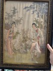 Antique Framed Chinese Watercolor gouache Paintings On Silk Ladies In Garden