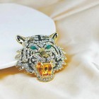 Statement Tiger Head Roaring Brooch Pin Pendant Gold Tone Rhinestone Black Ename