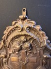 Antique Bronze Religious Art Nouveau Cross Cherubs Schell Holy Water Font Wall