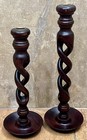 Nice  Pair Of Antique English Oak Open Barley Twist Candlesticks W  Brass Cups