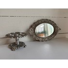 Vintage Vanity Set Filigree Silver Tone Metal Lipstick Holder Mirror Tray Ornate