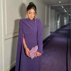 Women Long Sleeves Prom Dresses O-neck Pleated Floor Length Evening Dresses