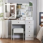 6 Drawers Makeup Table Vanity Dressing Desk Set With Mirror Led Lights And Stool