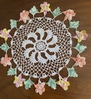 Handmade Crocheted Doily Pink peach yellow Flowers W  Green Leaves 10    Round