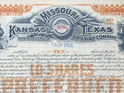 Antique Railroad Stock Certificate  1904 Kansas Missouri   Texas Railway Co 