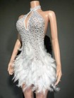 Rhinestones Pearls Halter Backless Short White Feathers Dress Birthday Dress