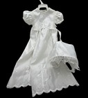 Christening  3 Piece Infant Long Gown W Slip Cap Embroidered Crosses Pearl Trim