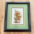Vintage Framed Crewel Embroidery Floral Bouquet Tea Box Needlepoint Wall Art