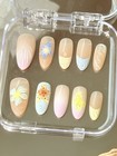 Small Almond Press-on Nails Beige Blue 3d Flower Starfish Full Cover Acrylic