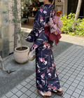 Japanese Summer Kimono Yukata Robe Navy Kimono And Obi Set Women   s