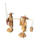 Vtg Pair Of Hand Carved Wooden Asian Figurines Fisherman   Water Carrier