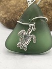 Sea Beach Glass Genuine Surf Tumbled Silve Pendant With Turtle Made Hawaii