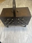 Vintage Antique Singer Wood Cantilever Accordion Fold Out Sewing Box Basket Mcm 