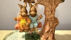 Vintage Easter Cute Bunnies Rabbits On Tree Swing Resin Figurine Pre-owned