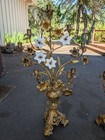      Antique 19th C  Pair Of Brass Floral Candelabras W  Milk Glass Flowers Repair