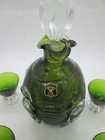7  Vintage Golden Green Crown E   R Sweden Glass Decanter -4 Pc Shot Glasses Set
