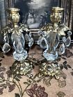 Pair Antique Hollywood Regency Style Ornate Gold Cast Brass Candlestick Holders