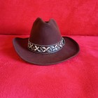 Brown Wool Felt Fedora Aztec Floral Ribbon Boho Western Vintage Rancher 8in 