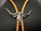 Vintage American Indian Sterling Silver Longhorn Bolo Tie W  Cow Bell Tassels