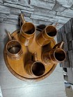 Vtg Set Of 5 Wood   Copper Beer Mug Stein Tankard Cups W tray Viking Bar Decor