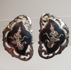Sterling Silver Antique Vintage Siam Black Enamel Nonpierced Nielloware Earrings