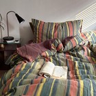 Vintage Striped Duvet Cover Set Full Size  3 Piece 100  Washed Cotton Bedding   