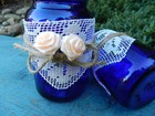 2 Cobalt Blue Glass Bottles Vintage Lace Shabby Chic Jars  New   Free Shipping