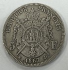 1867 5 Francs Napoleon Iii France Silver Coin  900