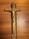 Vintage Wooden Wall Crucifix Cross Metal Gold Finish Figure   Plaque Inri Wood