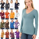 Women s V Neck Long Sleeve Cotton T Shirt Stretch Soft Basic Plain Layering Top