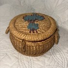 Vintage Wicker Sewing Basket Caddy Retro Boho Floral Handwoven