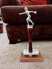 Vintage  1970s Tall  Woman s Bowling Trophy Wooden Base 17    Tall