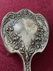 Antique Art Nouveau Solid Sterling Silver Repouss   Hand Mirror   beveled Glass