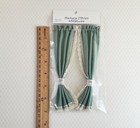 Dollhouse Miniature Curtains Green With Lace   Curtain Rod 1 12 Scale Handmade