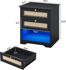 Rattan Nightstand With 2 Drawers   Led Lights Modern Bedside Table With Storage